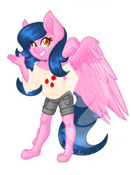Size: 1080x1440 | Tagged: safe, artist:silentwolf-oficial, derpibooru import, oc, oc only, anthro, pegasus, unguligrade anthro, clothes, eyelashes, grin, hoof feet, pegasus oc, shorts, simple background, smiling, solo, transparent background, watermark, wings
