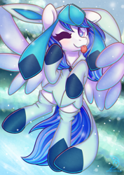 Size: 966x1366 | Tagged: safe, artist:musicfirewind, derpibooru import, oc, oc only, oc:blue visions, changeling, pegasus, pony, changeling disguised as pony, changeling oc, clothes, commission, costume, female, glaceon, pegasus oc, pokémon, solo, solo female, wings