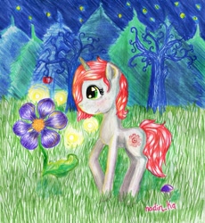 Size: 1161x1260 | Tagged: safe, artist:helemaranth, derpibooru import, oc, oc only, pony, unicorn, flower, horn, night, outdoors, smiling, solo, stars, tree, unicorn oc