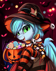 Size: 2550x3209 | Tagged: safe, artist:pridark, derpibooru import, part of a set, oc, oc:blackberry frost, bat pony, pony, bat pony oc, bat wings, candy, clothes, commission, food, halloween, hat, high res, holiday, jack-o-lantern, open mouth, pumpkin, pumpkin bucket, socks, solo, striped socks, wings, witch hat, ych result