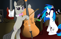 Size: 3411x2168 | Tagged: safe, alternate version, artist:almaustral, derpibooru import, dj pon-3, octavia melody, vinyl scratch, earth pony, pony, unicorn, cello, duo, female, mare, musical instrument, sunglasses