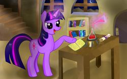 Size: 3500x2176 | Tagged: safe, artist:almaustral, derpibooru import, twilight sparkle, unicorn twilight, pony, unicorn, book, colt, erlenmeyer flask, female, flask, glowing horn, horn, indoors, magic, male, mare, open mouth, raised hoof, smiling, solo, telekinesis