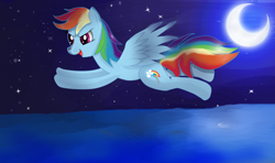 Size: 3303x1953 | Tagged: safe, artist:almaustral, derpibooru import, rainbow dash, pegasus, pony, backwards cutie mark, crescent moon, female, flying, mare, moon, night, open mouth, outdoors, solo, stars