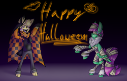 Size: 2500x1600 | Tagged: safe, artist:chu-and-sparky-127, derpibooru import, oc, oc:firework spark, anthro, digitigrade anthro, pegasus, pikachu, pony, anthro with ponies, chest fluff, duo, female, happy halloween, mare, mummy costume, pegasus oc, pokémon, rearing, wings