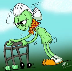 Size: 903x885 | Tagged: safe, artist:spongefox, derpibooru import, granny smith, alien, earth pony, pony, clothes, crossover, slippers, solo, tennis ball, walker, wander over yonder