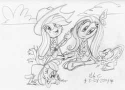 Size: 1054x758 | Tagged: safe, artist:spongefox, derpibooru import, apple bloom, applejack, fluttershy, alien, butterfly, earth pony, pegasus, pony, rabbit, animal, cloud, crossover, female, females only, guitar, musical instrument, traditional art, trio, wander over yonder