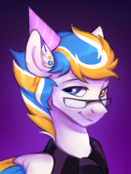 Size: 3024x4021 | Tagged: safe, artist:argigen, derpibooru import, oc, oc only, pegasus, pony, ear piercing, glasses, gradient background, hat, heterochromia, high res, looking at you, party hat, pegasus oc, scarf, simple background, solo