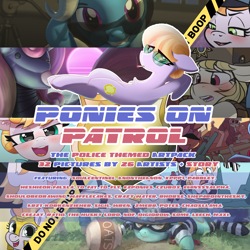 Size: 3000x3000 | Tagged: safe, copper top, lyra heartstrings, march gustysnows, sweetie belle, sweetie bot, trixie, robot, art pack:ponies on patrol, advertisement, art pack, badge, cover art, food, hamburglar, oats, police, police hat, police officer, police tape, police uniform