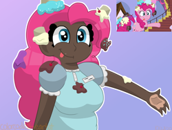 Size: 2048x1536 | Tagged: safe, artist:colorcodetheartist, derpibooru import, screencap, pinkie pie, human, the ending of the end, cupcake, female, food, gradient background, humanized, messy, scene interpretation, screencap reference, simple background, solo, tongue out