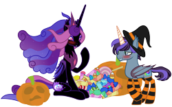Size: 3200x2000 | Tagged: safe, artist:mycaro, derpibooru import, oc, oc:cinnamon music, oc:count patagium, alicorn, bat pony, bat pony alicorn, pony, undead, vampire, vampony, bat pony oc, bat wings, blushing, candy, clothes, costume, crossdressing, crossed hooves, crown, ear fluff, embarrassed, ethereal mane, fangs, female, flowing mane, folded wings, food, giggling, halloween, hat, holiday, horn, jewelry, male, mare, nightmare night, nightmare night costume, pumpkin, raised hoof, regalia, show accurate, simple background, sitting, smiling, socks, stallion, striped socks, transparent background, wings, witch, witch hat