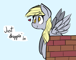 Size: 797x633 | Tagged: safe, artist:pinkberry, derpibooru import, derpy hooves, blushing, brick wall, cute, derpabetes, heart, no pupils, simple background, solo, text