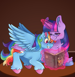 Size: 974x1002 | Tagged: safe, artist:lsandom, derpibooru import, rainbow dash, twilight sparkle, twilight sparkle (alicorn), alicorn, pegasus, pony, book, female, lesbian, mare, shipping, twidash