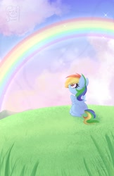 Size: 1618x2500 | Tagged: safe, artist:littleblackraencloud, derpibooru import, rainbow dash, pegasus, pony, cloud, ear fluff, female, looking at something, mare, rainbow, sitting, sky, solo, spread wings, wings