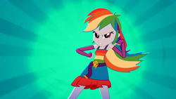 Size: 1920x1080 | Tagged: safe, derpibooru import, screencap, rainbow dash, eqg summertime shorts, equestria girls, raise this roof, boots, breakdancing, clothes, dancing, dress, fall formal, fall formal outfits, female, looking at you, multicolored hair, outfit, rainbow hair, shoes, sleeveless