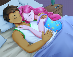 Size: 1900x1500 | Tagged: safe, artist:focusb, derpibooru import, pinkie pie, oc, oc:copper plume, equestria girls, bed, bedsheets, canon x oc, clothes, commission, commissioner:imperfectxiii, copperpie, cuddling, eyes closed, female, glasses, male, pajamas, pillow, shipping, shirt, sleeping, straight, t-shirt