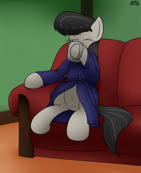 Size: 1899x2324 | Tagged: safe, artist:the-furry-railfan, derpibooru import, octavia melody, earth pony, pony, belly button, clothes, drinking, female, food, indoors, mug, relaxing, robe, sitting, sofa, solo, tea