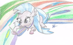 Size: 2781x1708 | Tagged: safe, artist:goldenflow, derpibooru import, silverstream, hippogriff, uprooted, colored pencil drawing, cute, diastreamies, female, lidden eyes, lying down, paintbrush, painting, prone, scene interpretation, smiling, solo, traditional art