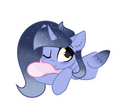 Size: 1128x1024 | Tagged: safe, artist:stellamoonshine, derpibooru import, oc, oc:stella moonshine, alicorn, pony, ethereal mane, female, mare, offspring, one eye closed, parent:princess luna, parent:stygian, pillow, simple background, solo, starry mane, transparent background, wink