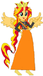 Size: 336x597 | Tagged: safe, artist:loomytyranny, derpibooru import, sunset shimmer, alicorn, hybrid, equestria girls, barefoot, britain, crown, equestria, feet, jewelry, monarch, monarchy, png, ponytail, regalia, wings