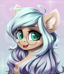 Size: 1800x2083 | Tagged: safe, artist:inowiseei, derpibooru import, oc, oc only, pony, bust, chest fluff, ear fluff, female, glasses, gradient background, looking at you, mare, open mouth, open smile, portrait, smiling, smiling at you, solo, sparkles