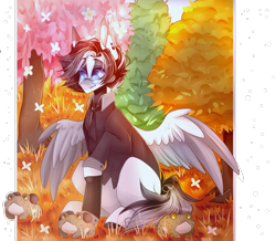 Size: 1950x1704 | Tagged: safe, artist:keltonia, derpibooru import, oc, oc only, frog, pegasus, pony, clothes, flower, shirt, solo, tree