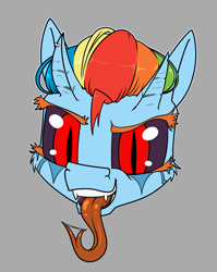 Size: 794x1000 | Tagged: safe, artist:dacaoo, derpibooru import, rainbow dash, demon, demon pony, original species, black sclera, drool, drool string, fangs, forked tongue, gray background, head only, horn, horn piercing, horns, long tongue, piercing, simple background, slit eyes, species swap, tongue out