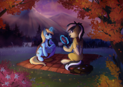 Size: 3508x2480 | Tagged: safe, artist:loonya, derpibooru import, oc, oc only, oc:skydreams, pegasus, pony, unicorn, artificial wings, augmented, autumn, bag, blanket, evening, food, horn, lake, looking at each other, mountain, pegasus oc, picnic, picnic blanket, scenery, sitting, talking, tea, tree, unicorn oc, wings