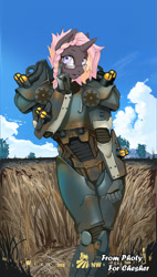 Size: 925x1623 | Tagged: safe, artist:photy, derpibooru import, oc, oc only, anthro, pony, unicorn, armor, cloud, commission, detailed background, fallout, fallout 4, glasses, power armor, shading, sky, solo, wheat field