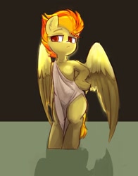 Size: 1615x2063 | Tagged: safe, artist:yoditax, derpibooru import, spitfire, pegasus, semi-anthro, bipedal, clothes, ear fluff, female, mare, solo, spread wings, toga, wings