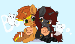 Size: 951x560 | Tagged: safe, artist:yourmeow, derpibooru import, oc, oc only, oc:ember stone, oc:radray, pony, unicorn, clothes, commission, couple, halloween, holding hooves, holiday, looking at each other, love, socks, striped socks, ych result, your character here