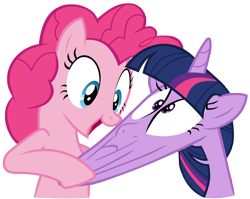 Size: 8800x7020 | Tagged: safe, artist:tardifice, derpibooru import, pinkie pie, twilight sparkle, twilight sparkle (alicorn), alicorn, earth pony, pony, twilight's kingdom, absurd resolution, cartoon physics, simple background, transparent background, vector, why the long face