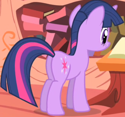 Size: 455x427 | Tagged: safe, derpibooru import, screencap, twilight sparkle, unicorn twilight, pony, unicorn, party of one, butt, cropped, female, golden oaks library, mare, plot, smiling, twibutt