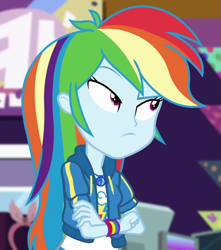 Size: 835x945 | Tagged: safe, derpibooru import, screencap, rainbow dash, equestria girls, equestria girls series, holidays unwrapped, spoiler:eqg series (season 2), cropped, crossed arms, dashing through the mall, female, geode of super speed, magical geodes, solo