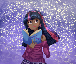 Size: 3445x2894 | Tagged: safe, artist:theladysknight, derpibooru import, twilight sparkle, human, blushing, book, clothes, dark skin, ear piercing, earring, female, hairband, humanized, jewelry, lipstick, makeup, piercing, skirt, solo, sweater