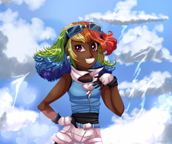 Size: 3445x2894 | Tagged: safe, artist:theladysknight, derpibooru import, rainbow dash, human, alternate hairstyle, belt, clothes, cloud, dark skin, ear piercing, earring, female, gloves, goggles, grin, humanized, jacket, jewelry, piercing, shorts, sky, sleeveless, smiling, solo, sports shorts, tanktop