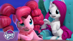Size: 600x338 | Tagged: safe, derpibooru import, screencap, pinkie pie, rarity, earth pony, pony, unicorn, hello pinkie pie, alternate hairstyle, duo, hair dye, pigtails, twintails