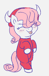 Size: 281x431 | Tagged: safe, artist:heretichesh, derpibooru import, oc, oc:lyrabop, earth pony, pony, blushing, clothes, costume, devil, devil horns, eyes closed, female, filly, mlem, silly, standing, tongue out