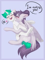 Size: 1544x2048 | Tagged: safe, artist:chibadeer, derpibooru import, oc, oc only, oc:vylet, pegasus, pony, unicorn, dialogue