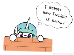 Size: 573x424 | Tagged: safe, artist:banebuster, derpibooru import, princess celestia, alicorn, pony, series:tiny tia, brick wall, implied twilight sparkle, killroy was here, peeking, solo, thinking