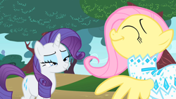 Size: 1280x720 | Tagged: safe, derpibooru import, screencap, fluttershy, rarity, pegasus, pony, unicorn, green isn't your color, duo