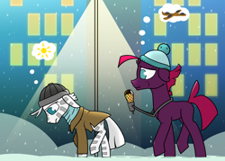 Size: 1400x1004 | Tagged: safe, artist:dacaoo, derpibooru import, tempest shadow, oc, pony, unicorn, zebra, blank flank, broken horn, building, clothes, duo, eating, food, hat, horn, ice cream, jacket, sad, scarf, snow, streetlight, thought bubble, zebra oc