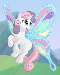 Size: 1528x1920 | Tagged: safe, artist:nebulastar985, derpibooru import, sweetie belle, pony, unicorn, butterfly wings, female, filly, flying, looking back, looking up, outdoors, solo, two toned mane, two toned tail, wings