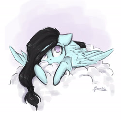 Size: 2362x2362 | Tagged: safe, artist:cvanilda, derpibooru import, oc, oc:sky secret, pegasus, pony, cloud, female, mare, on a cloud, pegasus oc, signature, solo, wings