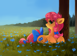 Size: 1800x1300 | Tagged: safe, artist:zlatavector, derpibooru import, oc, oc only, oc:linseed, earth pony, pony, bow, cute, female, flower, lying down, mare, nature, prone, rcf community, solo, tail bow