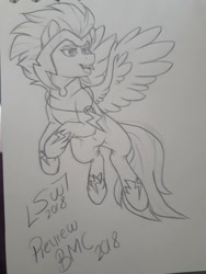 Size: 720x960 | Tagged: safe, artist:silentwolf-oficial, derpibooru import, zapp, pegasus, pony, lineart, power ponies, signature, solo, traditional art