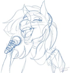 Size: 1080x1080 | Tagged: safe, artist:stargazerseven, derpibooru import, oc, oc only, oc:starfall, anthro, earth pony, bust, earth pony oc, eyes closed, lineart, microphone, monochrome, signature, singing, solo