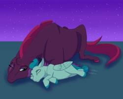 Size: 1280x1024 | Tagged: safe, artist:stargazerseven, derpibooru import, tempest shadow, oc, pegasus, pony, unicorn, broken horn, duo, eye scar, female, filly, horn, mare, mother and child, mother and daughter, night, offspring, one eye closed, parent and child, parent:tempest shadow, pegasus oc, scar, sleeping, wings, wink