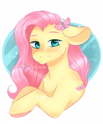 Size: 2160x2600 | Tagged: safe, artist:peachieswrld, derpibooru import, fluttershy, butterfly, pegasus, pony, abstract background, bust, cute, female, hair accessory, high res, looking at you, mare, shyabetes, solo, unshorn fetlocks