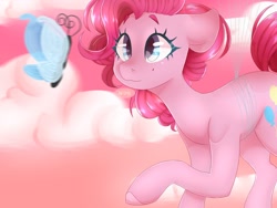 Size: 1600x1200 | Tagged: safe, artist:peachieswrld, derpibooru import, pinkie pie, butterfly, earth pony, pony, balloon, cloud, colored hooves, cute, diapinkes, female, floating, floppy ears, looking at something, mare, sky, solo, then watch her balloons lift her up to the sky