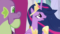 Size: 1920x1080 | Tagged: safe, derpibooru import, screencap, princess twilight 2.0, spike, twilight sparkle, twilight sparkle (alicorn), alicorn, dragon, the last problem, older, older spike